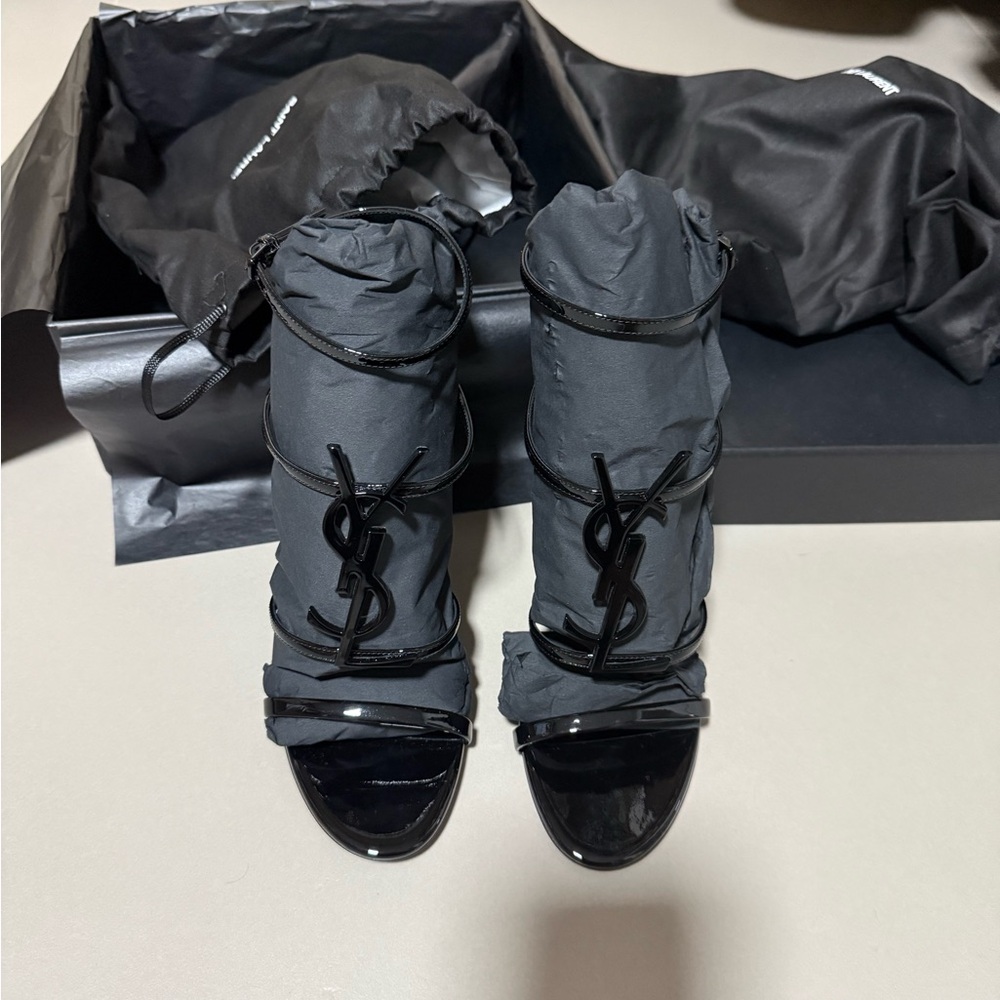 Saint Laurent Black Patent Ankle-Strap Sandals